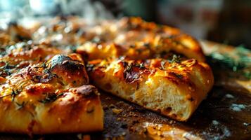 ai generiert hausgemacht Focaccia Brot mit Kräuter und Gewürze auf ein hölzern Tisch. foto