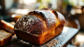 ai generiert frisch gebacken hausgemacht Brot auf ein Tisch. foto