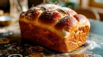 ai generiert frisch gebacken hausgemacht Brot auf ein Tisch. foto