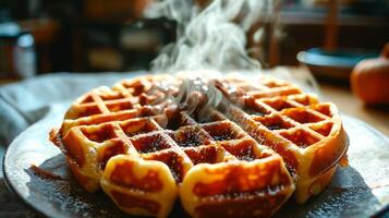 ai generiert Belgier Waffeln auf ein Teller mit Rauch, Nahansicht. foto