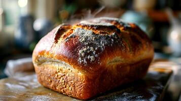 ai generiert frisch gebacken hausgemacht Brot auf ein Tisch. foto