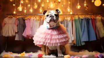 ai generiert komisch Englisch Bulldogge im ein Rosa Tutu und ein Bogen Krawatte sitzt im ein Zimmer mit ein Menge von Kleidung. foto