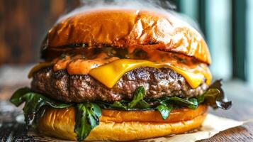 ai generiert Käse Burger - - amerikanisch Käse Burger mit frisch Käse auf hölzern Tabelle foto