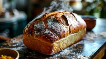 ai generiert frisch gebacken hausgemacht Brot auf ein Tisch. foto