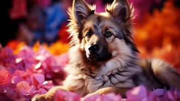 ai generiert Porträt von ein süß australisch Schäfer Hund auf ein Hintergrund von Blumen. foto