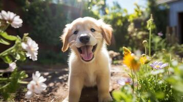 ai generiert heiter Welpe genießen Garten abspielen foto