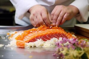 ai generiert modern Essen Stylist dekorieren einstellen von lecker Sushi zum Präsentation im Restaurant. Nahansicht auf das Hand von ein Bedienung Tragen Essen foto