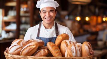 ai generiert warm und freundlich Bäcker assistieren glücklich Kunden mit ein Lächeln beim das lokal Bäckerei Geschäft foto