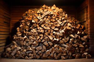 ai generiert gemütlich Brennholz Stapel zum rustikal Kamin im Land Haus. hinzufügen Wärme zu Ihre Leben Raum foto
