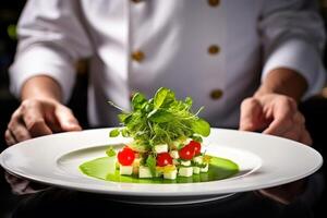 ai generiert modern Essen Stylist dekorieren Mahlzeit zum Präsentation im Restaurant. Nahansicht von Essen stilvoll. Restaurant Portion. Nahansicht auf das Hand von ein Bedienung Tragen Essen foto