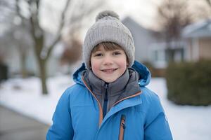 ai generiert begeistert Kind im warm Blau Winter Kleidung glücklich fangen Schneeflocken mit Zunge im schneebedeckt Wunderland foto