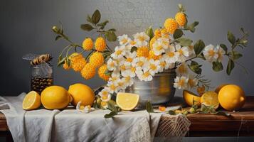 ai generiert Bienen Summen um frisch Zitronen und Blumen foto