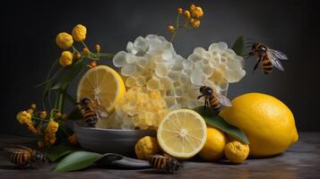 ai generiert Bienen Summen um frisch Zitronen und Blumen foto