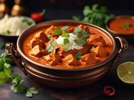 ai generiert Hähnchen Tikka Masala serviert mit Naan . generativ ai foto