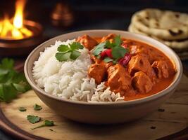 ai generiert Hähnchen Tikka Masala serviert mit Naan . generativ ai foto