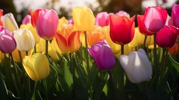 ai generiert Frühling Tulpen im das Feld schließen oben foto