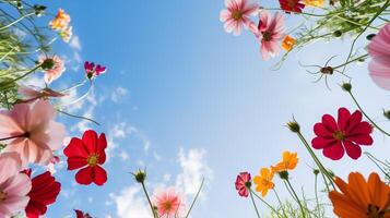 ai generiert Blühen bunt wild Blumen gegen Blau Himmel foto