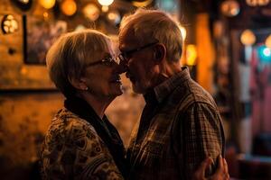 ai generiert Senior Paar Tanzen im Bar foto