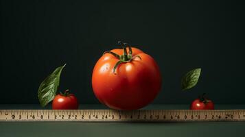 ai generiert rot Tomate eingewickelt mit Messung Band foto