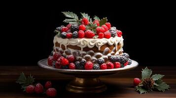 ai generiert Weihnachten Kuchen mit Beeren und Tanne Baum foto