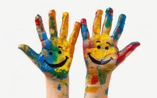 ai generiert Kind gemalt Hände mit Smiley Gesichter foto