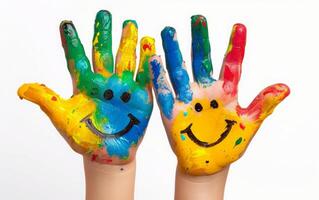 ai generiert Kind gemalt Hände mit Smiley Gesichter foto