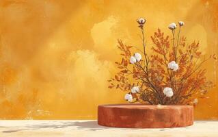 ai generiert minimalistisch Terrakotta Podium mit Baumwolle Pflanzen foto