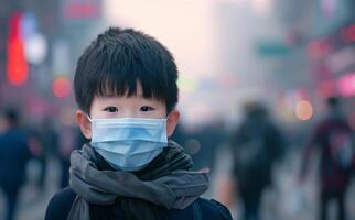 ai generiert jung Junge im Gesicht Maske navigieren überfüllt Stadt Straßen, Luft Verschmutzung und Smog Bild foto