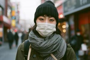 ai generiert Frau tragen Schutzmaske auf das Straße, Luft Verschmutzung und Smog Bild foto