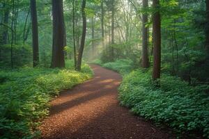 ai generiert sonnendurchflutet Wald Weg foto