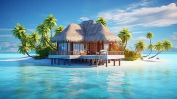 ai generiert tropisch Paradies, über Wasser Bungalows inmitten Palme Bäume, Resort foto