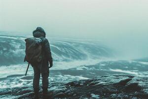 ai generiert Mann mit Rucksack und Trekking Stangen Stehen auf das Kante von ein Cliff. foto