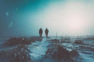 ai generiert Paar Gehen im das Schnee im das kalt und nebelig Morgen foto