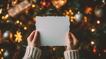 ai generiert weiblich Hände halten leer Weiß Papier Blatt mit Kopieren Raum zum Text. foto