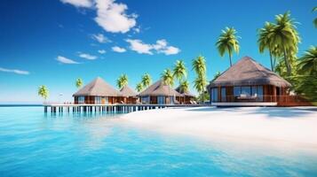 ai generiert tropisch Paradies, über Wasser Bungalows inmitten Palme Bäume, Resort foto