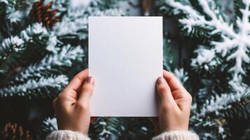 ai generiert weiblich Hände halten leer Weiß Papier Blatt mit Kopieren Raum zum Text. foto