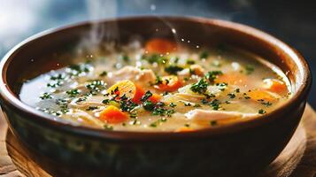 ai generiert Hähnchen Suppe mit Gemüse und Kräuter im ein Schüssel auf ein hölzern Tabelle foto