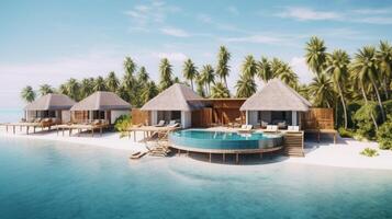 ai generiert tropisch Paradies, über Wasser Bungalows inmitten Palme Bäume, Resort foto