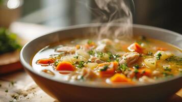 ai generiert Hähnchen Suppe mit Gemüse und Kräuter im ein Schüssel auf ein hölzern Tabelle foto