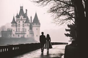 ai generiert Hochzeit Paar im Vorderseite von das Schloss auf ein nebelig Tag foto