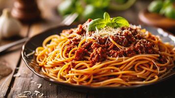 ai generiert Spaghetti Bolognese mit Parmesan auf hölzern Tabelle foto