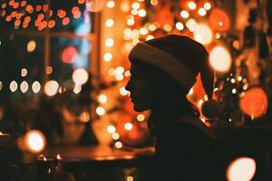 ai generiert Porträt von ein Mädchen im ein Santa Hut auf das Hintergrund von Weihnachten Beleuchtung foto