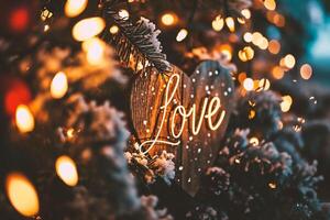 ai generiert Liebe Beschriftung auf das Weihnachten Baum mit Bokeh Hintergrund. foto