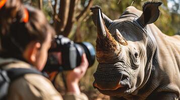 ai generiert Fotograf nehmen Bild von ein Weiß Nashorn foto