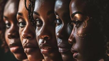 ai generiert Collage von schön afrikanisch amerikanisch Frauen suchen beim Kamera auf schwarz Hintergrund foto