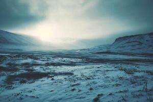 ai generiert Winter Landschaft mit Schnee bedeckt Dünen foto