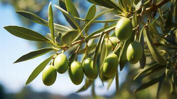 ai generiert Grün Oliven hängend auf ein sonnig Ast foto