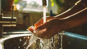 ai generiert Frau Waschen Hände unter Laufen Wasser im Küche Waschbecken, Nahaufnahme. foto