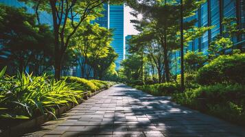 ai generiert Gehweg im das Stadt Park mit Grün Bäume und Blau Himmel Hintergrund foto