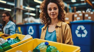 ai generiert selektiv Fokus von lächelnd Frau Sortierung Plastik Abfall im recyceln Behälter im Warenhaus foto